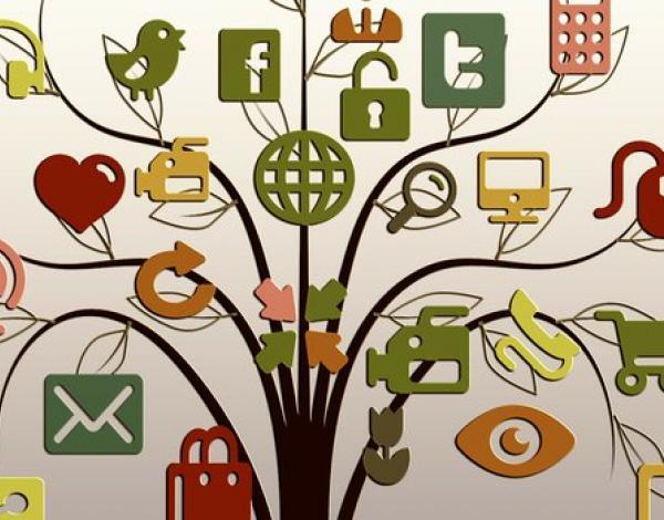 Dessin d'un arbre avec des branches dont les feuilles représentent les logos : Facebook, Twitter, Email, ect.